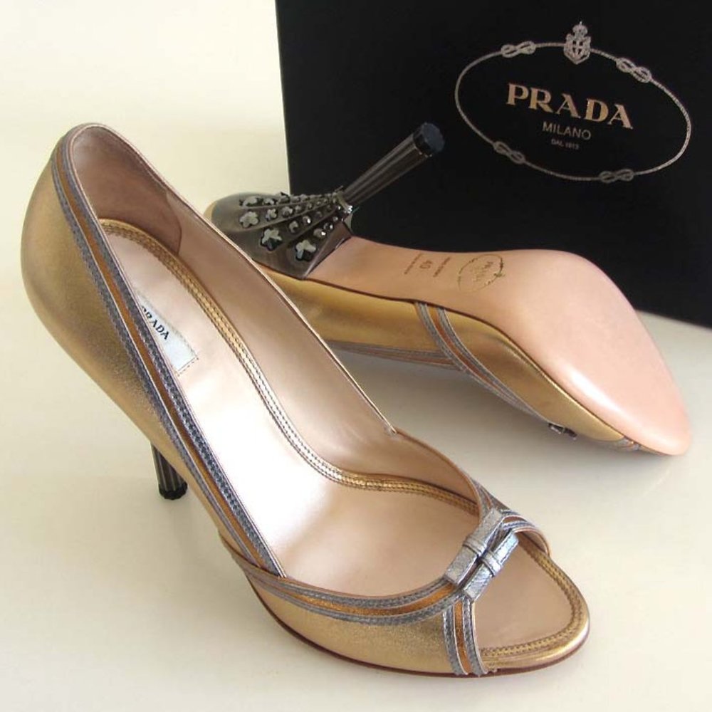PRADA jeweled heel gold peep-toe pumps 40 / 10 US - Picture 2 of 8